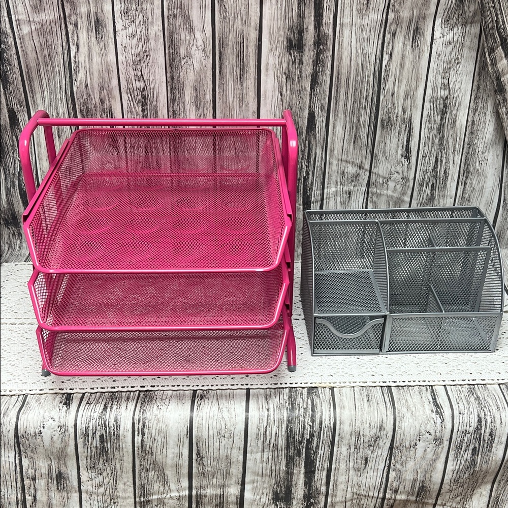 Pink and Gray Mesh Desk Organizer 2 piece set. Organization for papers,pens etc.